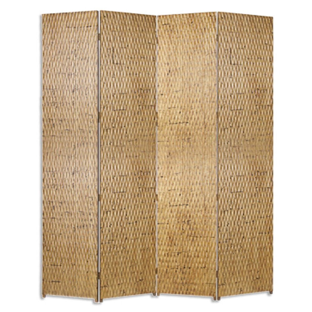 84" Silver Wood Folding Four Panel Screen Room Divider on a white background