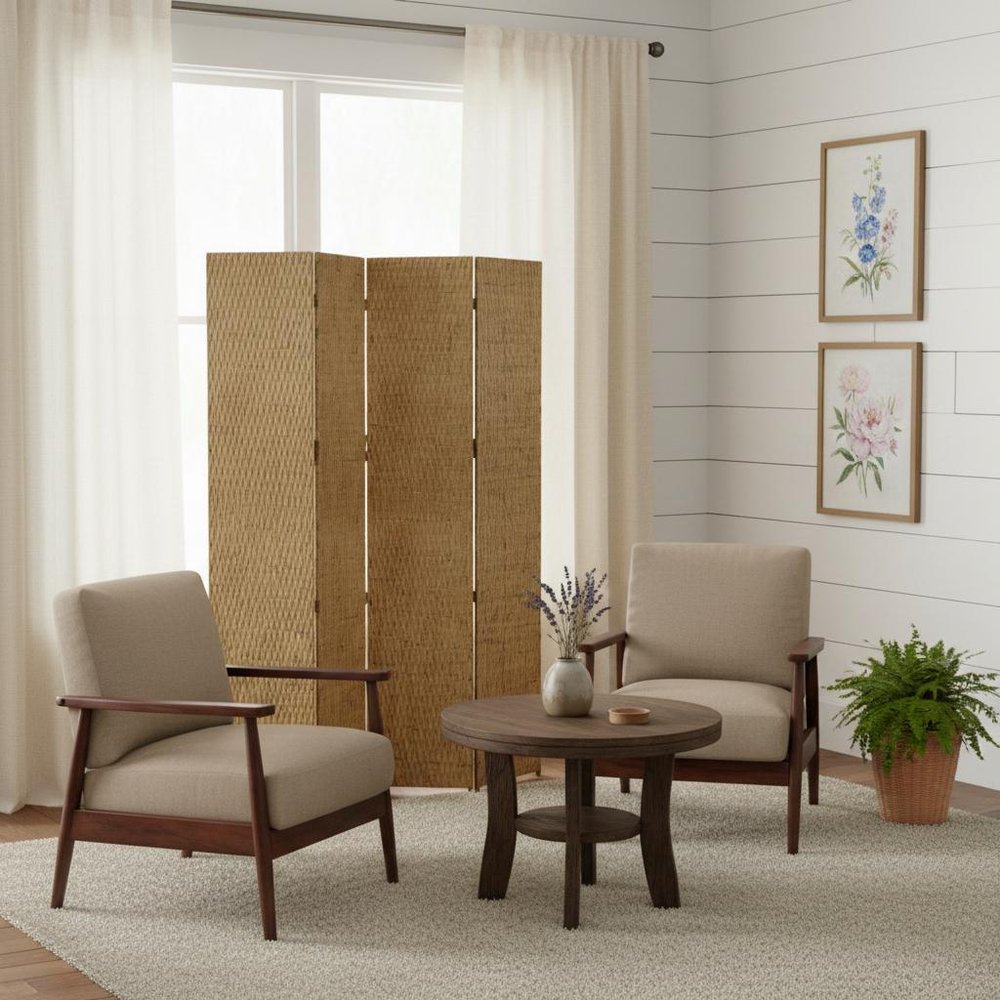 84" Silver Wood Folding Four Panel Screen Room Divider in a home interior