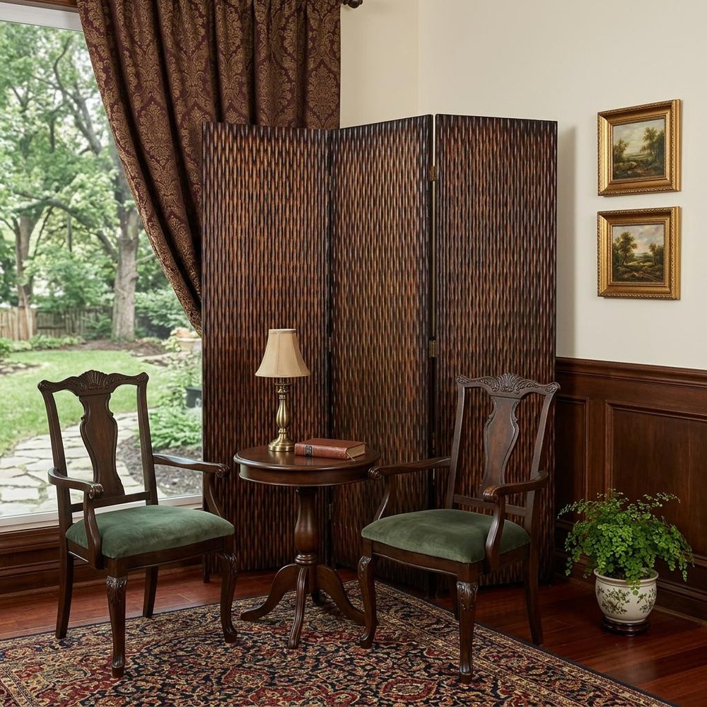 72" Brown Wood Folding Three Panel Screen Room Divider
