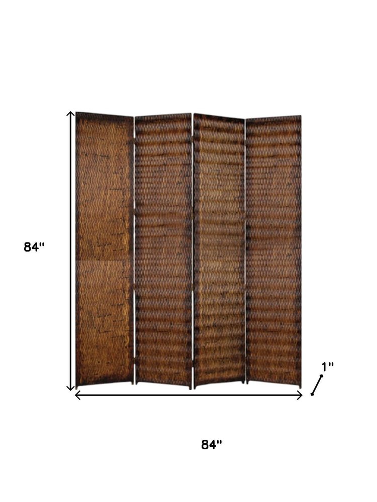 84" Brown Wood Folding Four Panel Screen Room Divider - SKU 274907 on a white background