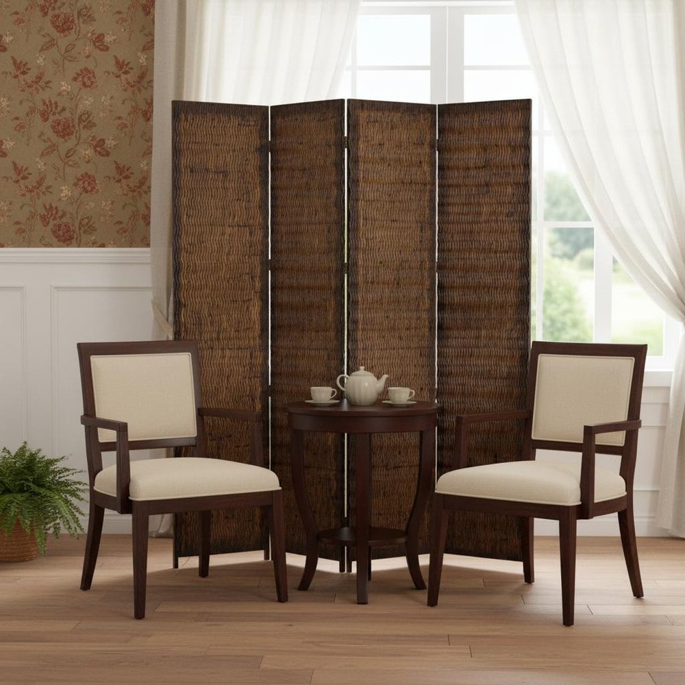 84" Brown Wood Folding Four Panel Screen Room Divider - SKU 274907