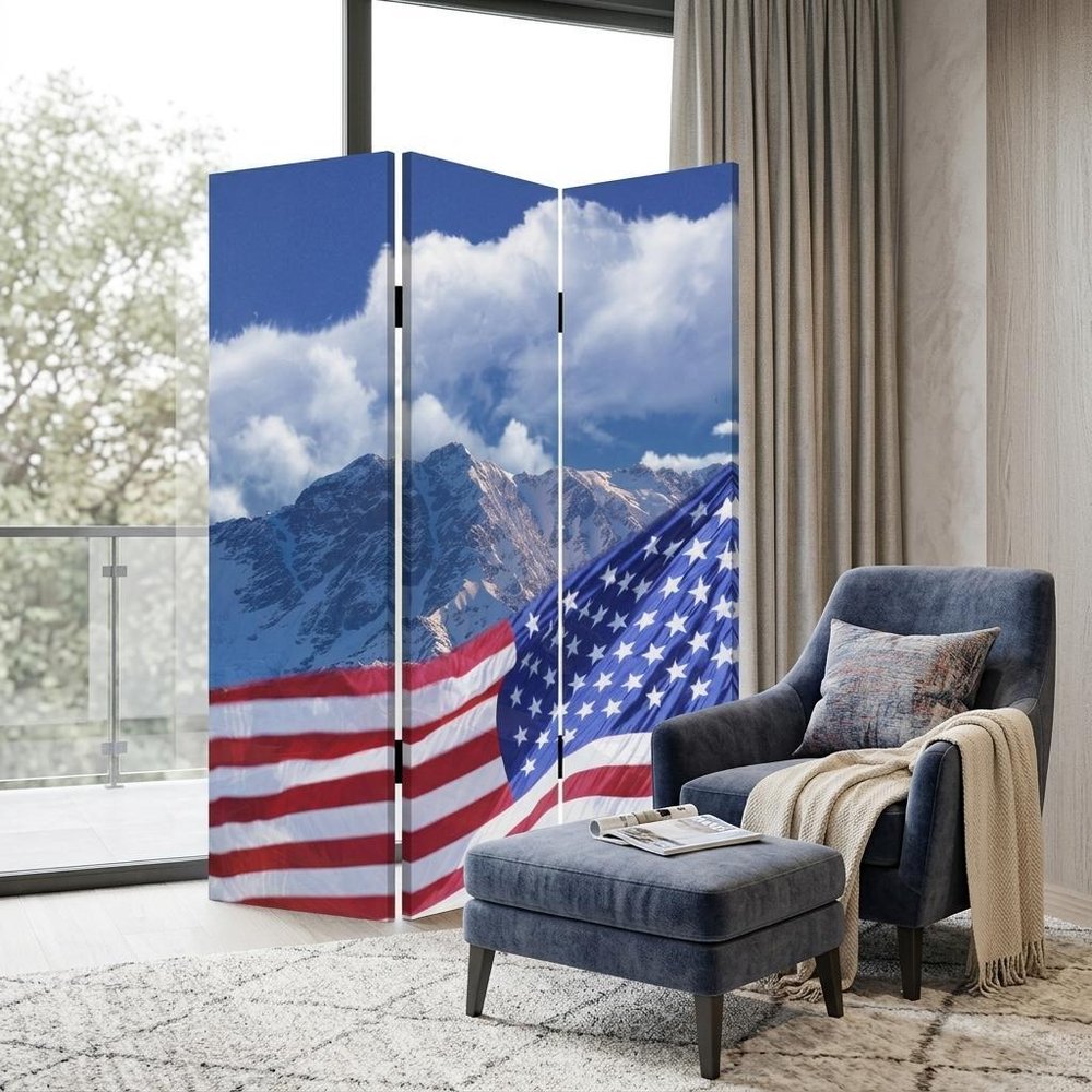 72" Red White And Blue American Flag Reversible Canvas Folding Three Panel Room Divider