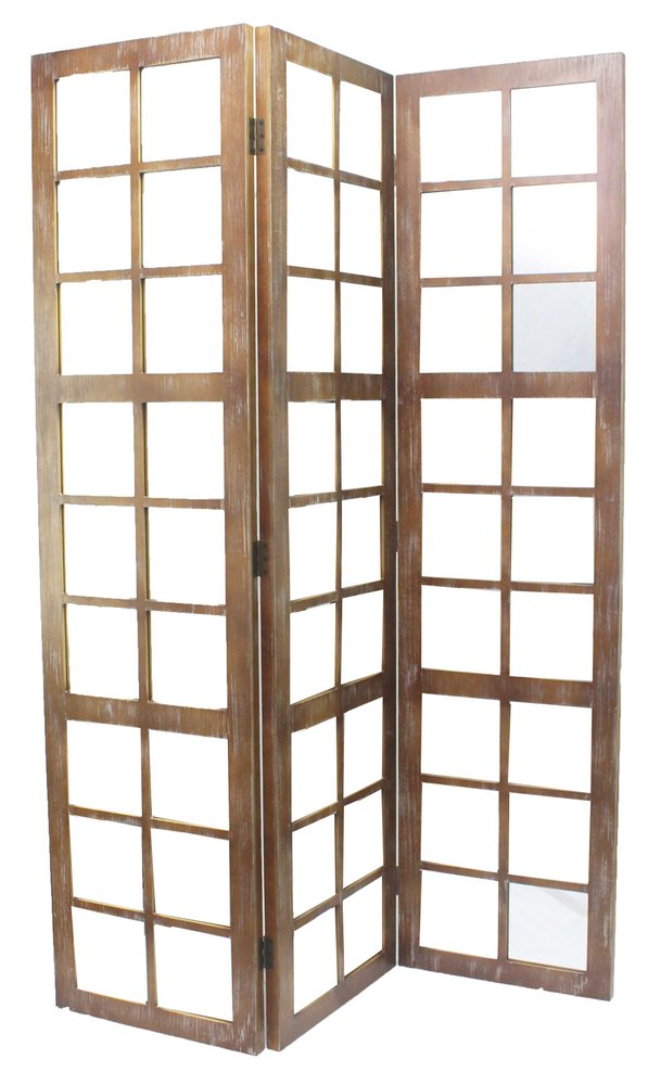 84" Brown Glass Folding Three Panel Screen Room Divider on a white background