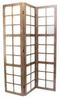 84" Brown Glass Folding Three Panel Screen Room Divider on a white background