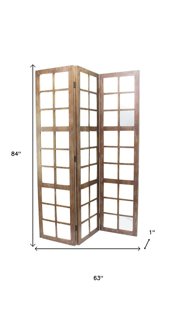 84" Brown Glass Folding Three Panel Screen Room Divider on a white background