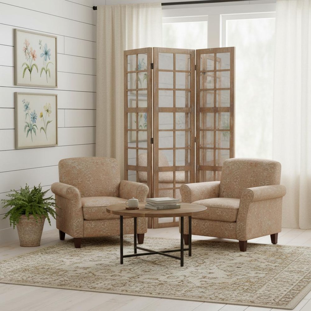84" Brown Glass Folding Three Panel Screen Room Divider in a home interior