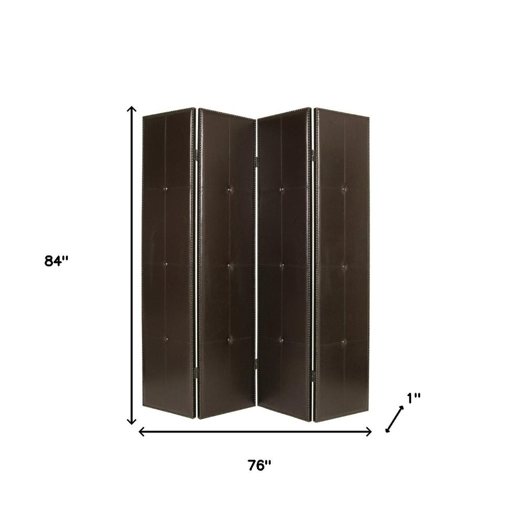 84" Brown Faux Leather Folding Four Panel Screen Room Divider - SKU 277094 on a white background