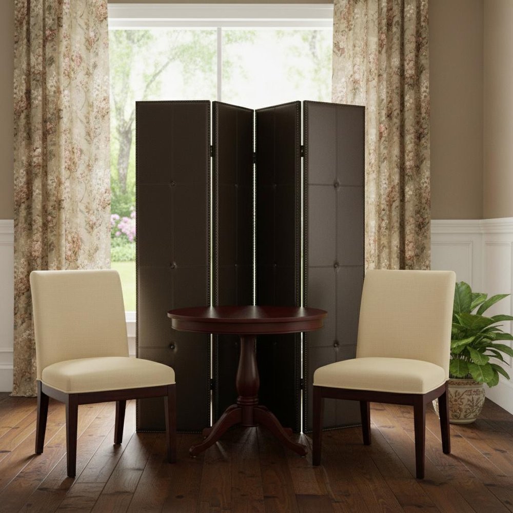 84" Brown Faux Leather Folding Four Panel Screen Room Divider - SKU 277094