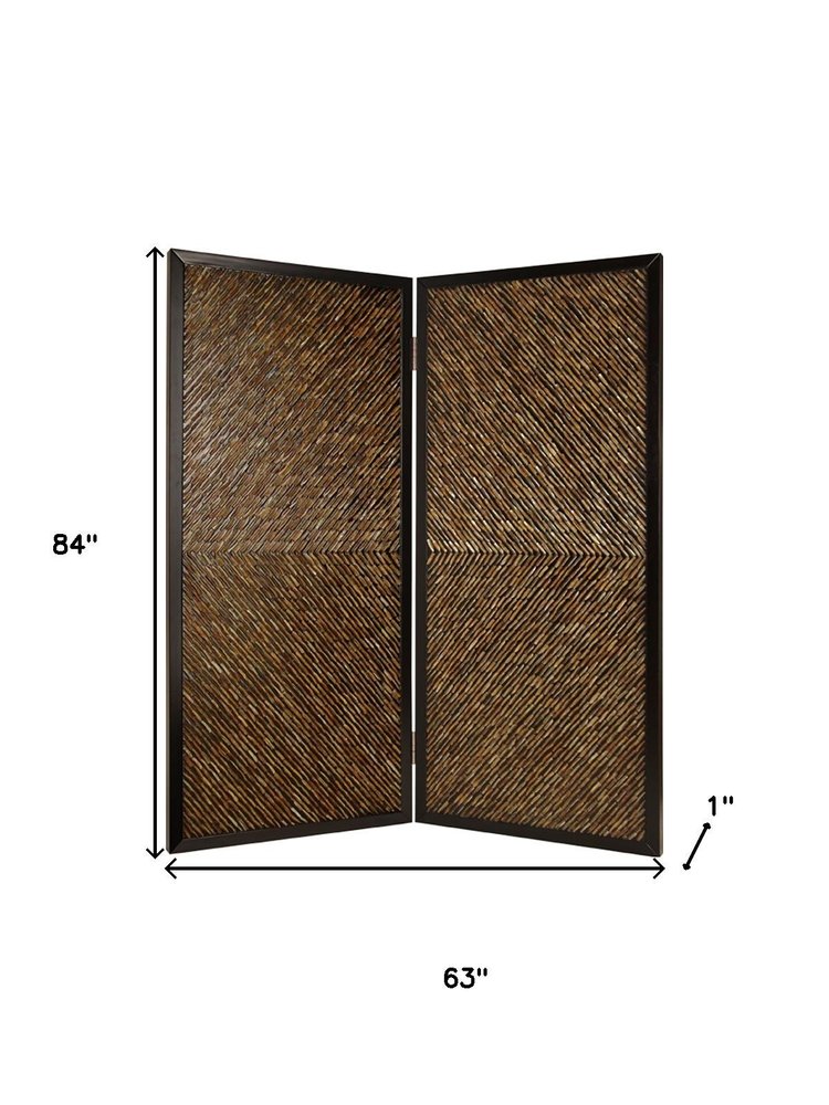 84" Brown Folding Two Panel Screen Room Divider on a white background