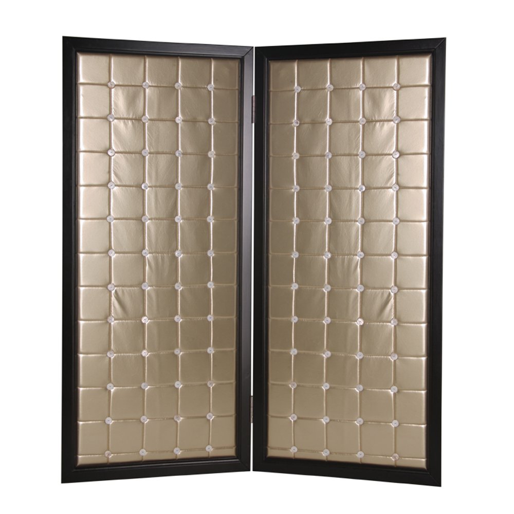 84" Gold Fabric Folding Two Panel Screen Room Divider on a white background