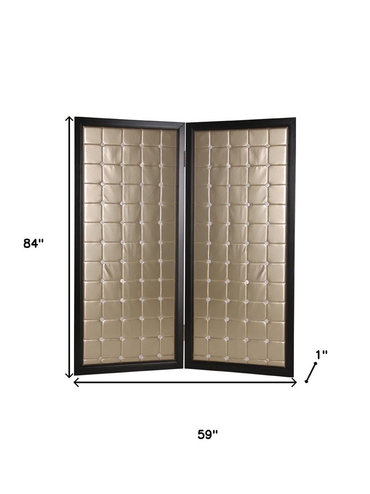 84" Gold Fabric Folding Two Panel Screen Room Divider on a white background