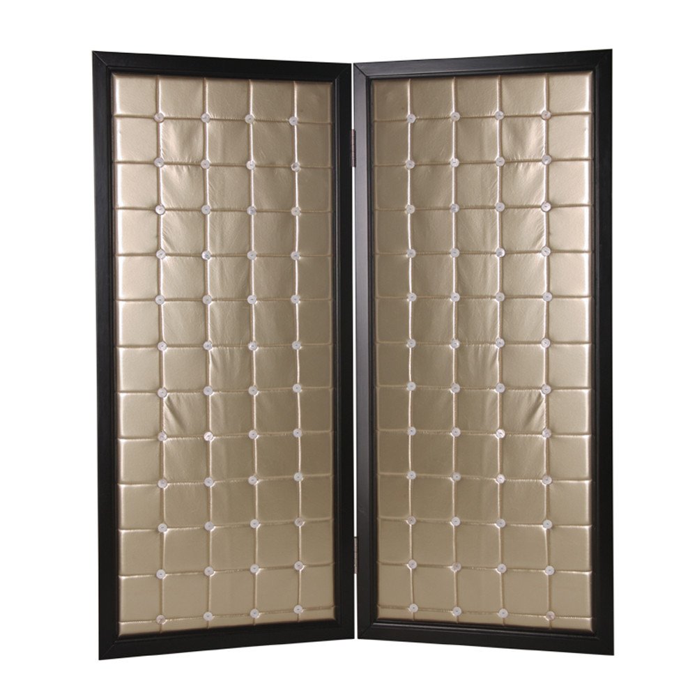 84" Gold Fabric Folding Two Panel Screen Room Divider on a white background