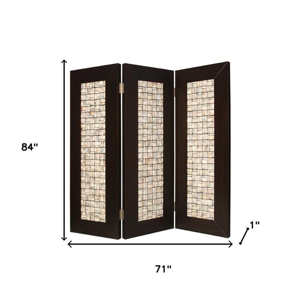 84" Brown Folding Three Panel Screen Room Divider - with Three Panels on a white background