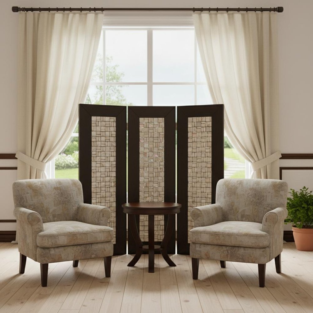 84" Brown Folding Three Panel Screen Room Divider - with Three Panels