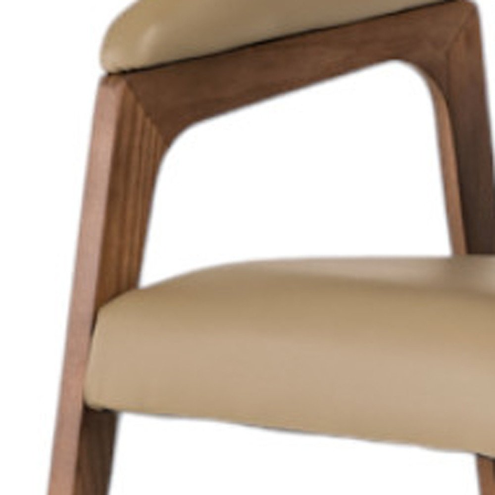 Taupe and Brown Upholstered Faux Leather Curved Back Dining Arm Chair on a white background