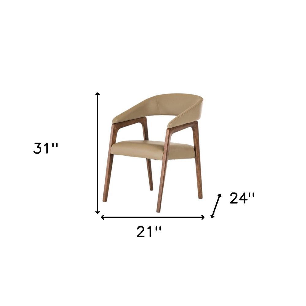 Taupe and Brown Upholstered Faux Leather Curved Back Dining Arm Chair on a white background