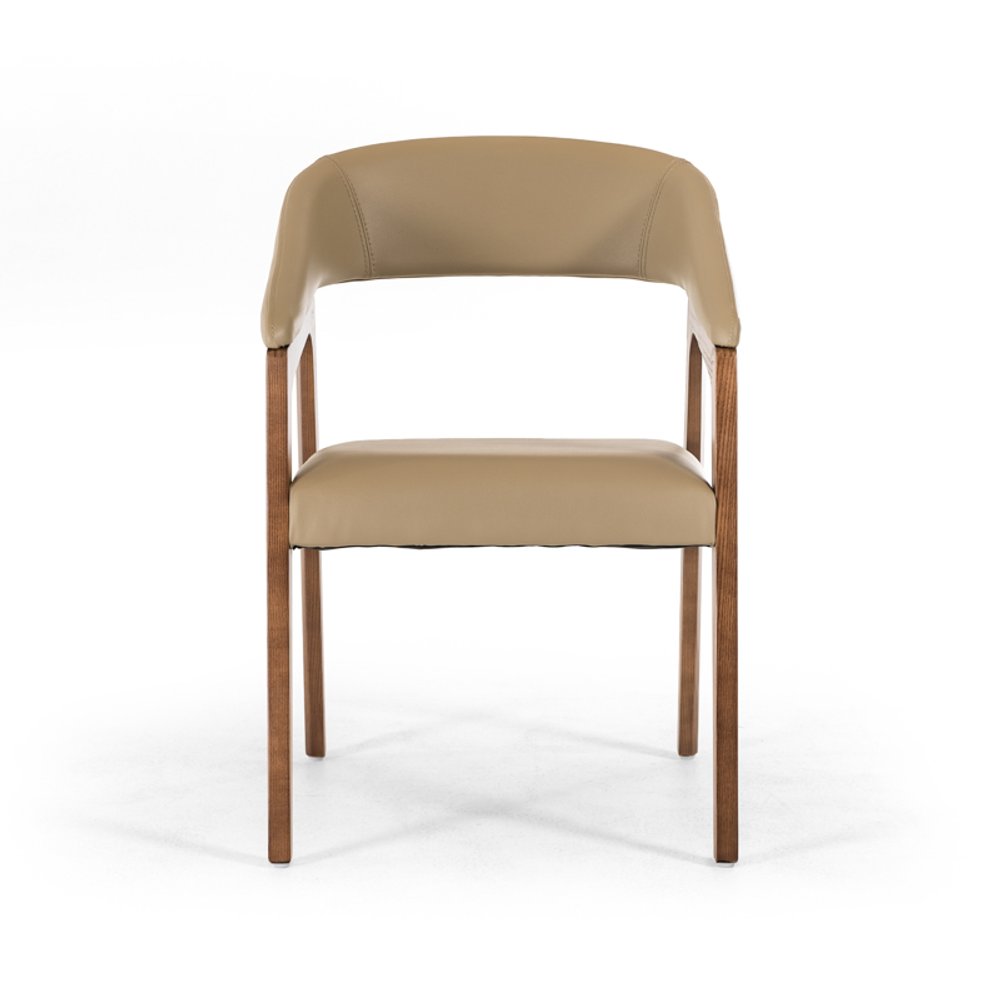 Taupe upholstered dining arm chair with brown wooden frame on a white background.