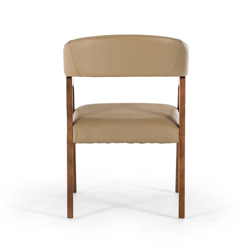 Taupe and Brown Upholstered Faux Leather Curved Back Dining Arm Chair on a white background