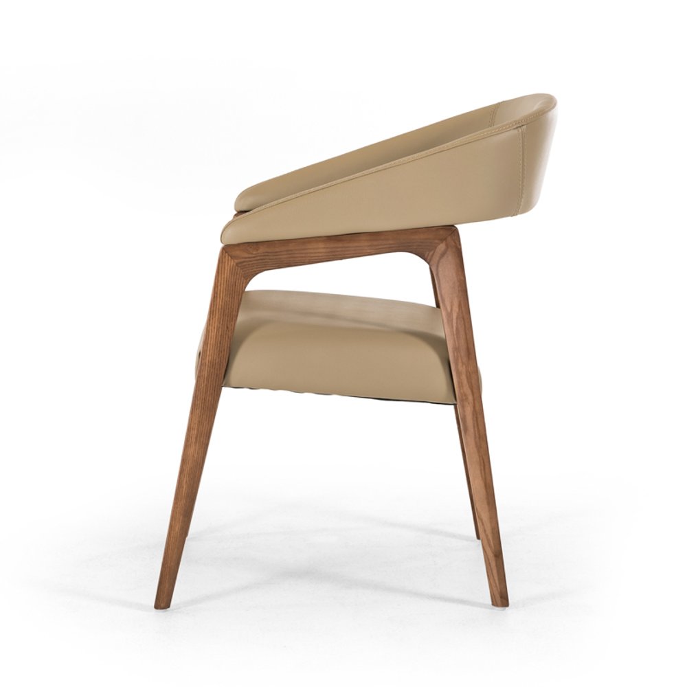 Taupe and Brown Upholstered Faux Leather Curved Back Dining Arm Chair on a white background
