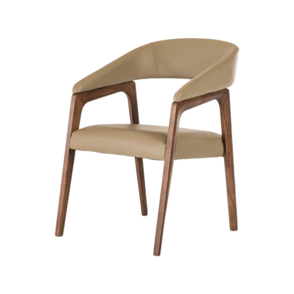 Taupe and Brown Upholstered Faux Leather Curved Back Dining Arm Chair on a white background