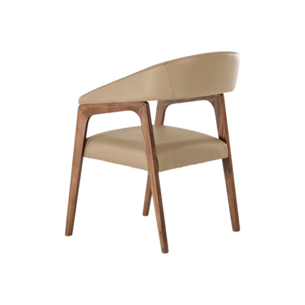 Taupe and Brown Upholstered Faux Leather Curved Back Dining Arm Chair on a white background