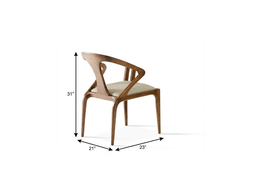 White and Brown Upholstered Faux Leather Curved Back Dining Arm Chair on a white background