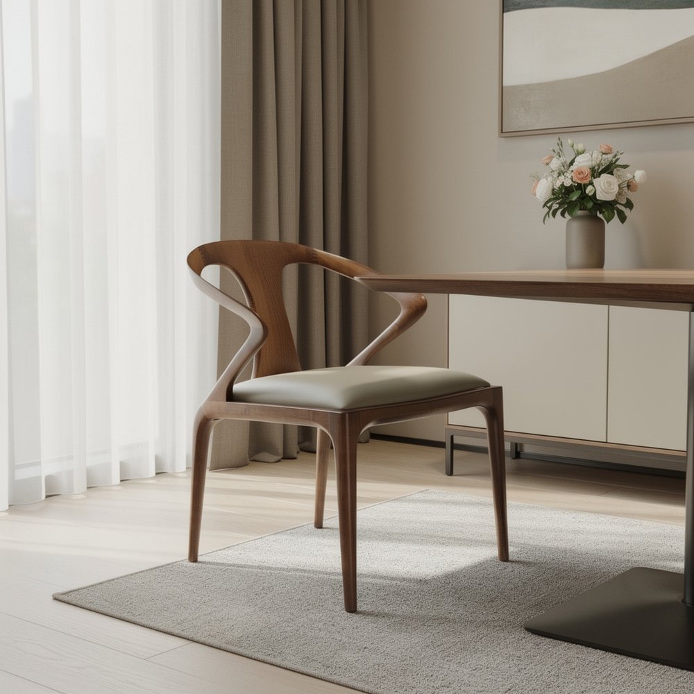 White and Brown Upholstered Faux Leather Curved Back Dining Arm Chair in a home interior
