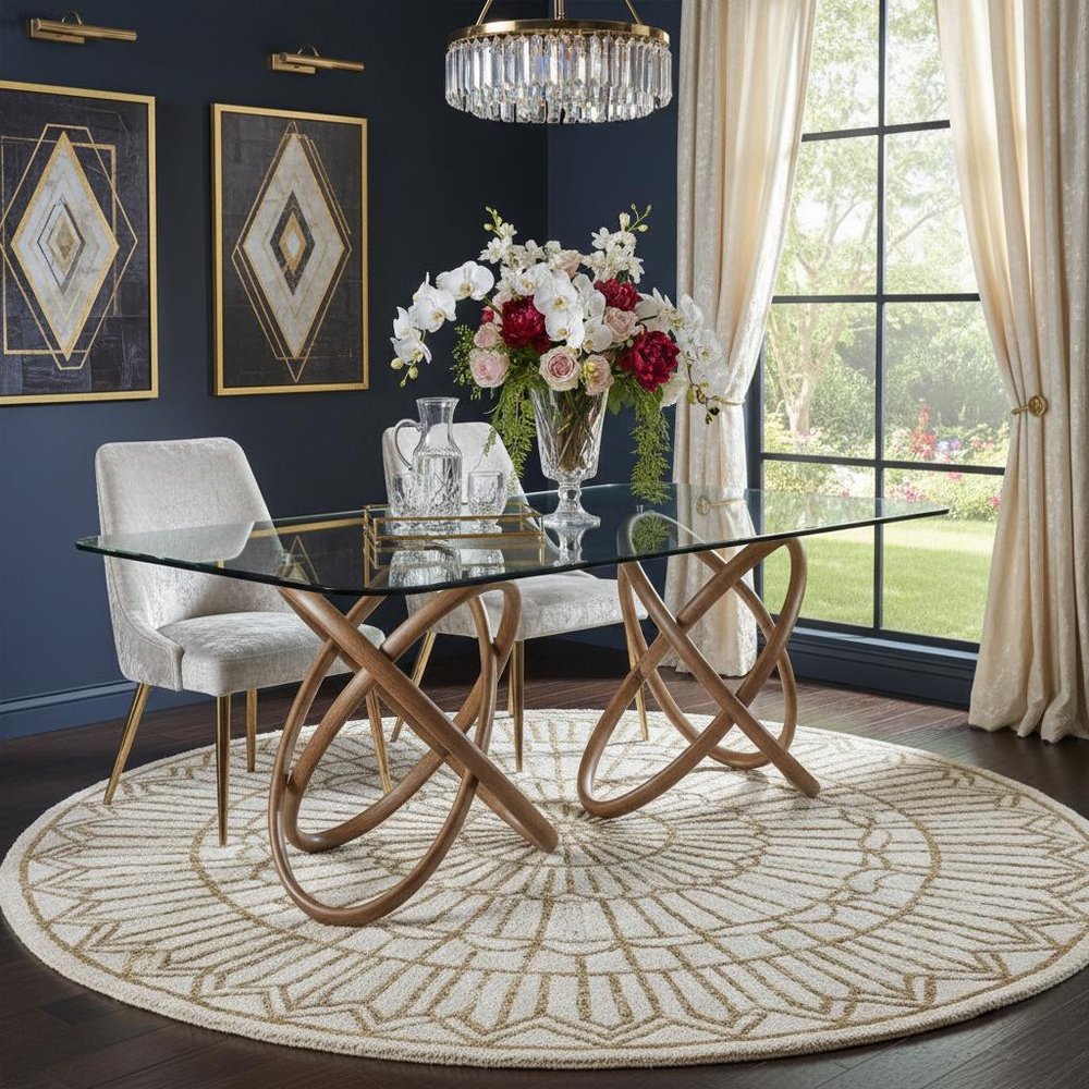 94" Clear And Natural Glass And Solid Wood Pedestal Base Dining Table in a home interior
