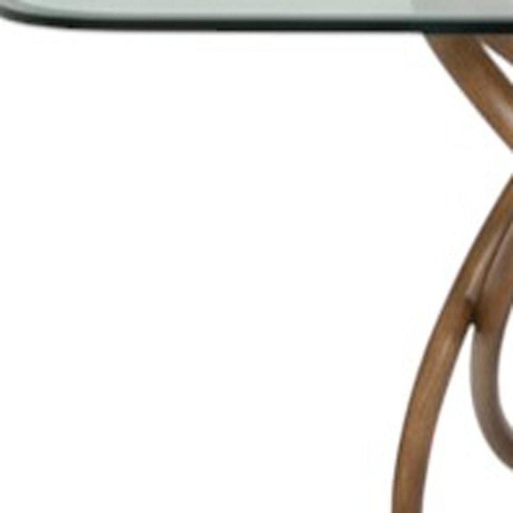 94" Clear And Natural Glass And Solid Wood Pedestal Base Dining Table on a white background