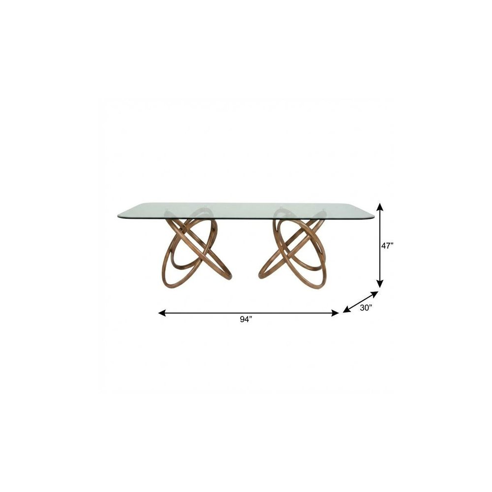94" Clear And Natural Glass And Solid Wood Pedestal Base Dining Table on a white background