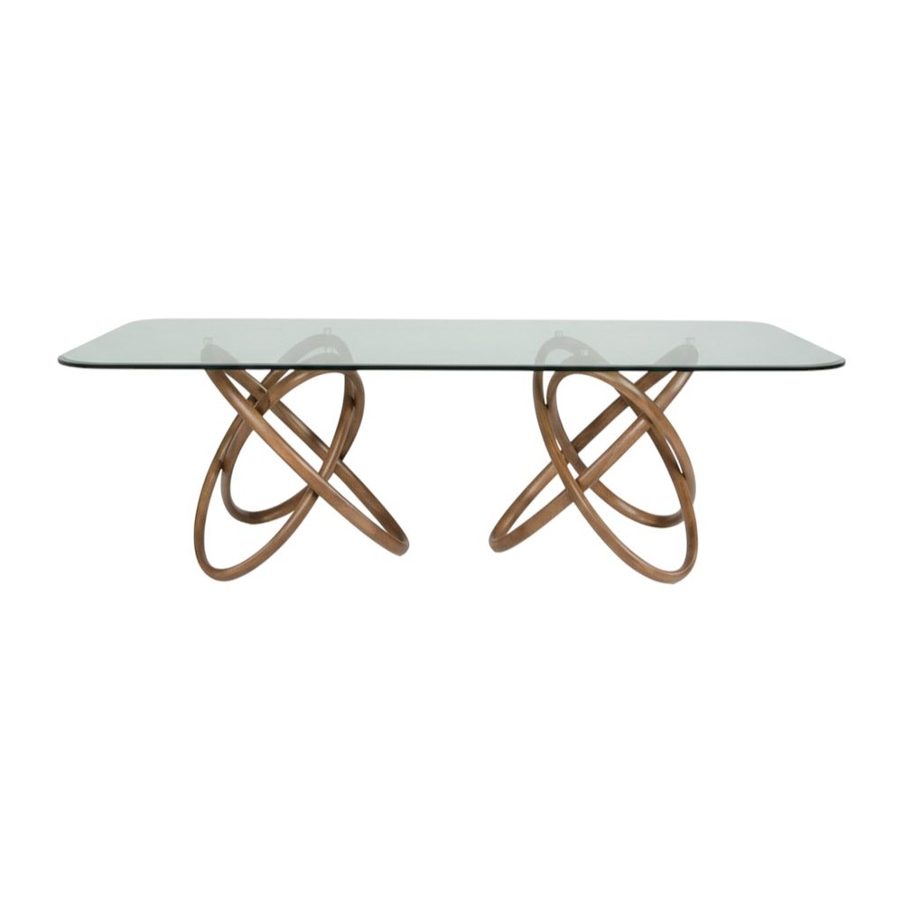 94" Clear And Natural Glass And Solid Wood Pedestal Base Dining Table on a white background