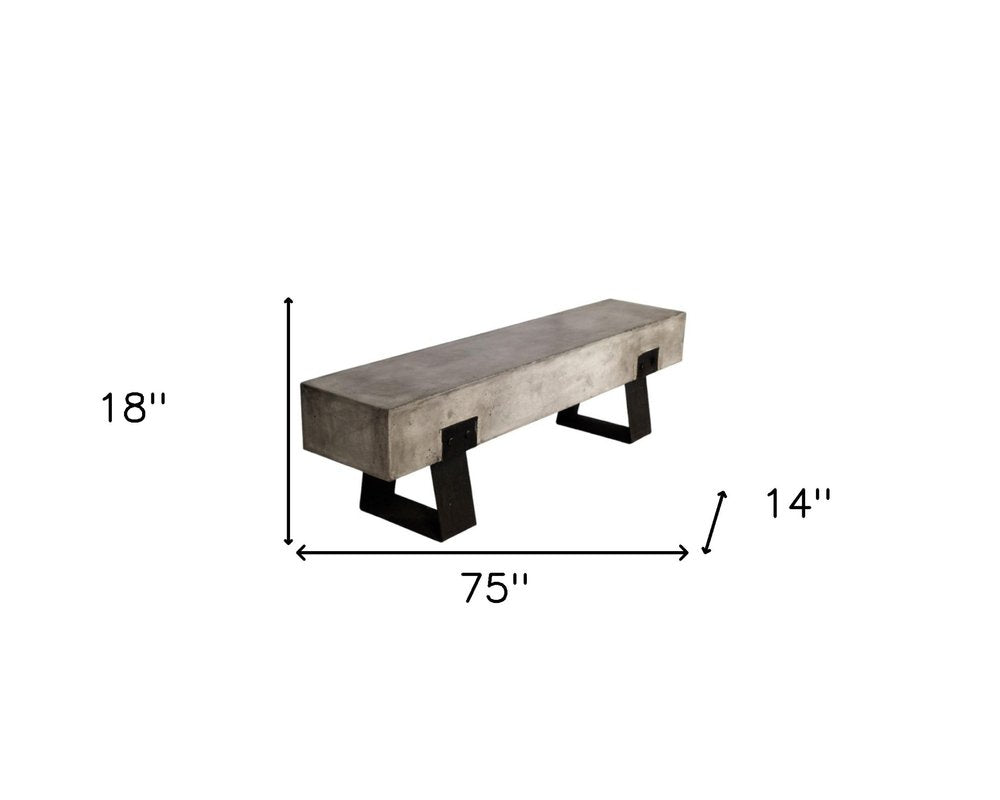 75" Gray and Black Metal and Concrete Indoor Outdoor Bench on a white background