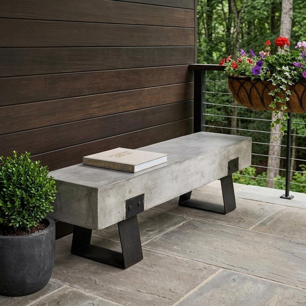 75" Gray and Black Metal and Concrete Indoor Outdoor Bench in a home interior