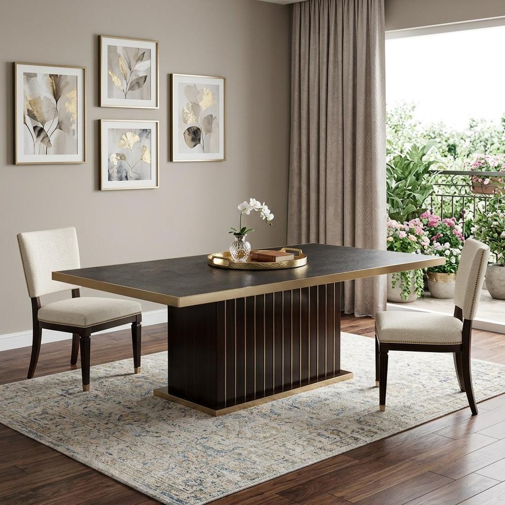 95" Black and Gold Wood Pedestal Base Dining Table in a home interior