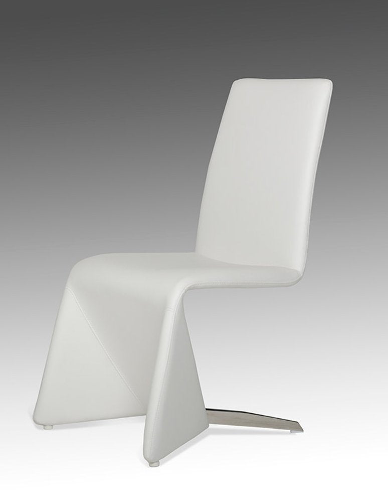White upholstered faux leather dining side chair with a modern sculptural design on a gray gradient background.