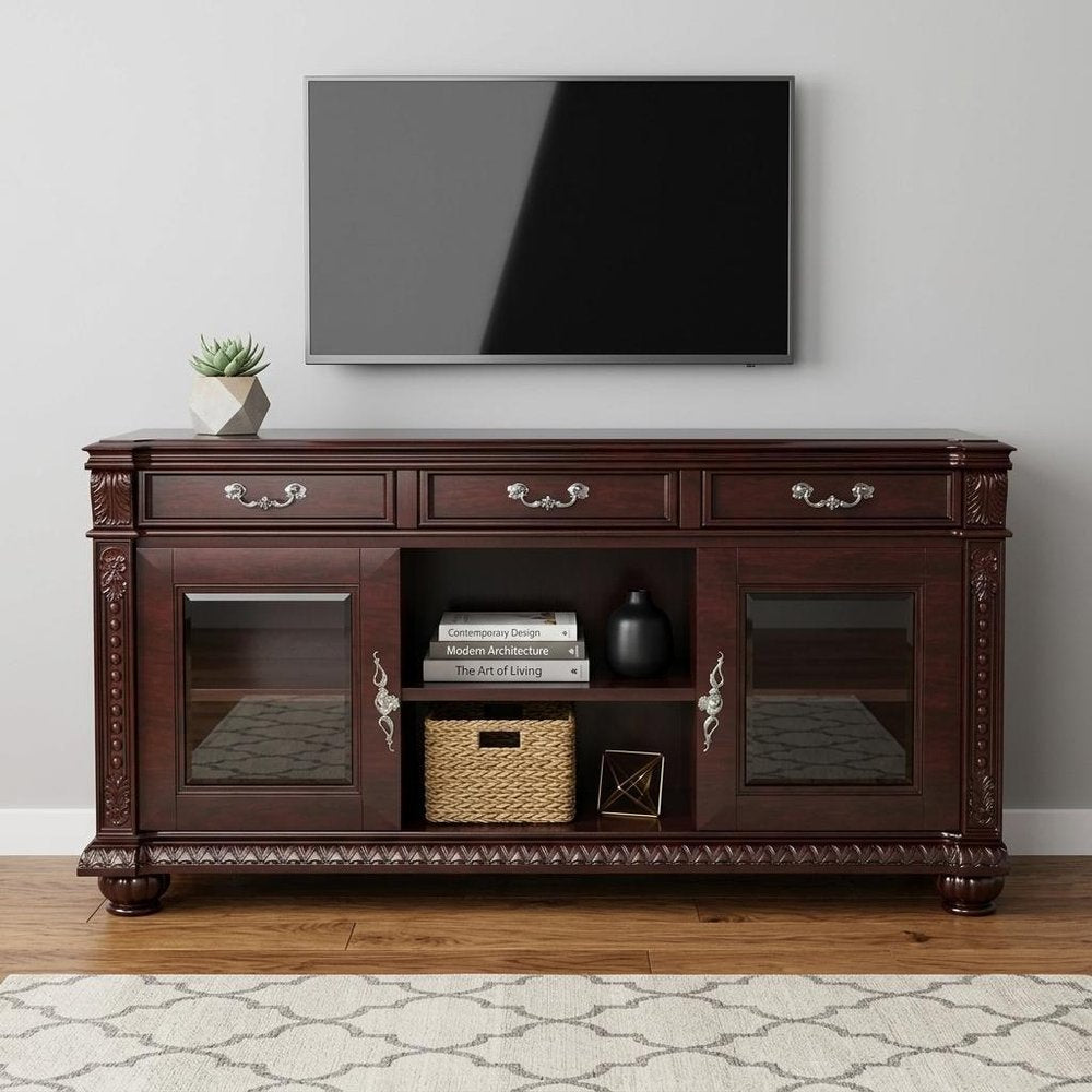 65" Dark Brown Solid Wood Enclosed and Open Storage TV Stand. TV stand isolated on a plain white background, finished in dark brown wood.