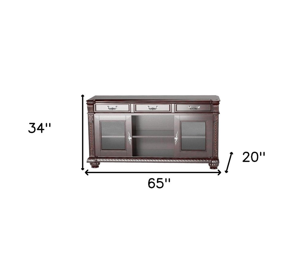 65" Dark Brown Solid Wood Enclosed and Open Storage TV Stand. TV stand isolated on a plain white background, showing a wood surface.