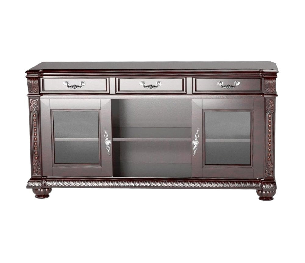 65" Dark Brown Solid Wood Enclosed and Open Storage TV Stand. TV stand isolated on a plain white background, in a brown wood finish.