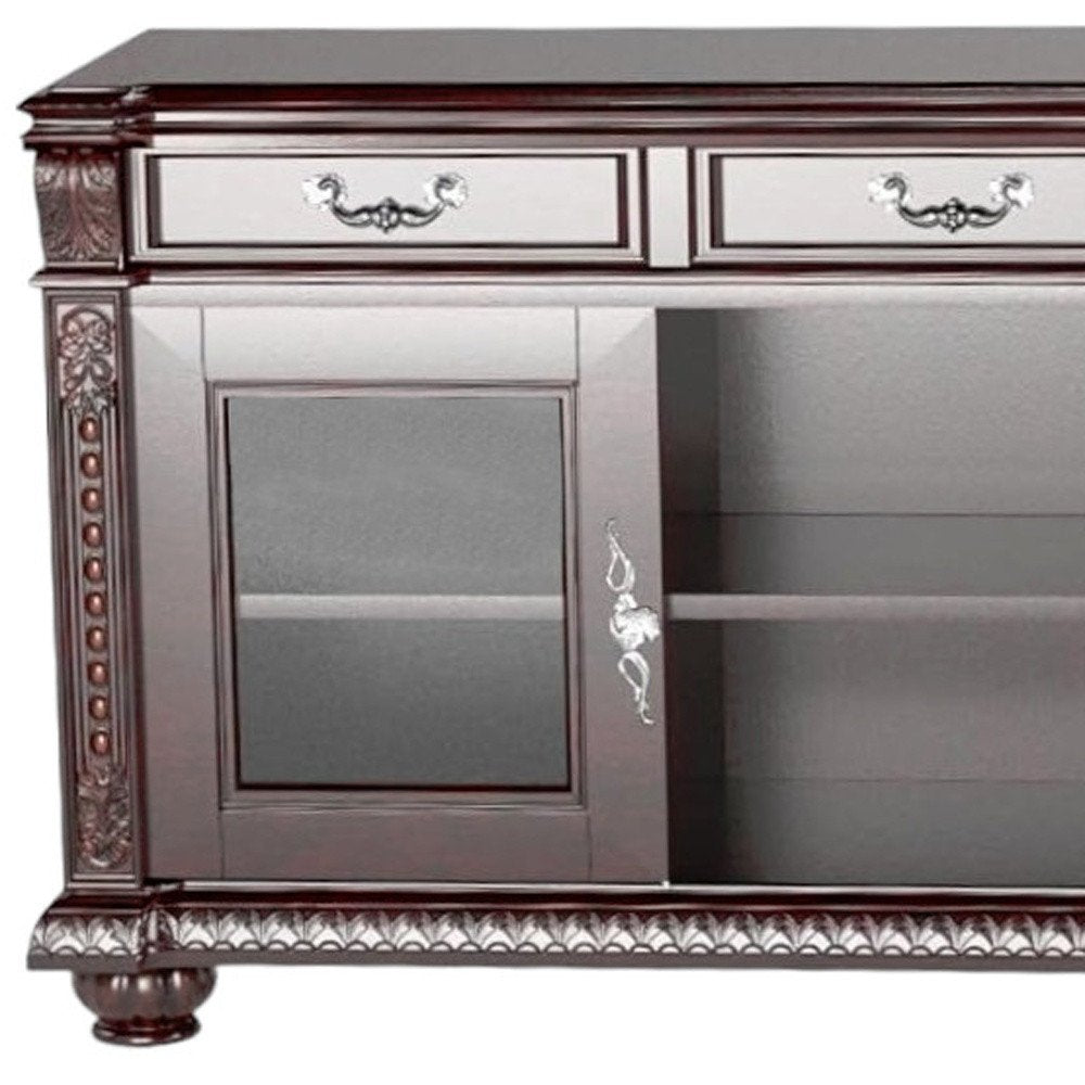 Cropped view of 65" Dark Brown Solid Wood Enclosed and Open Storage TV Stand focusing on the wood surface.