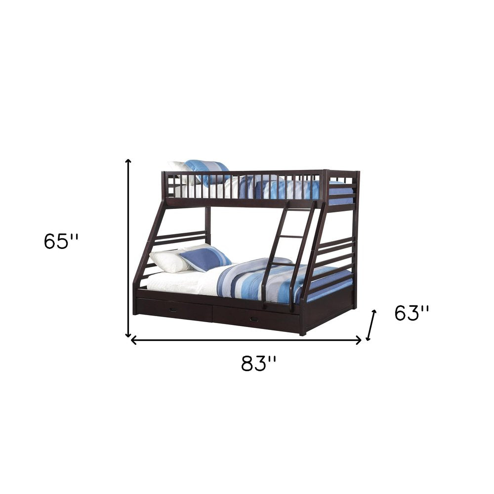 Espresso Twin Over Queen Solid Wood Bunk Bed With Storage on a white background