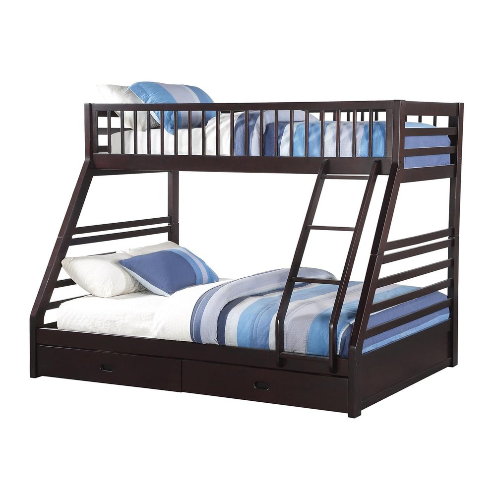 Espresso solid wood twin over queen bunk bed with storage drawers and blue striped bedding.