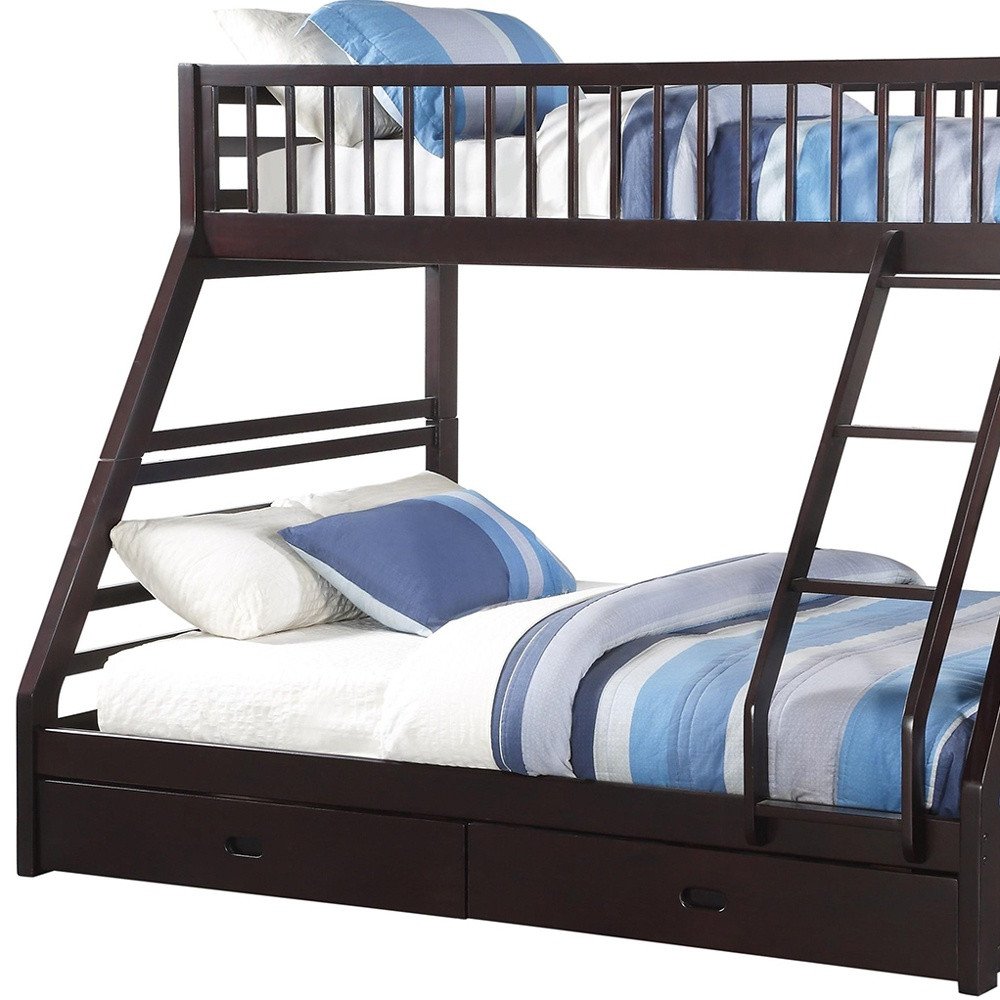 Espresso Twin Over Queen Solid Wood Bunk Bed With Storage on a white background