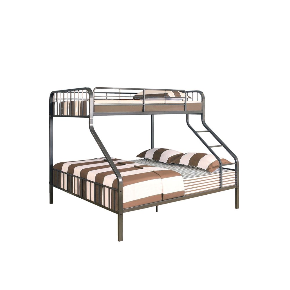 Gunmetal twin over queen bunk bed with striped bedding on a white background.