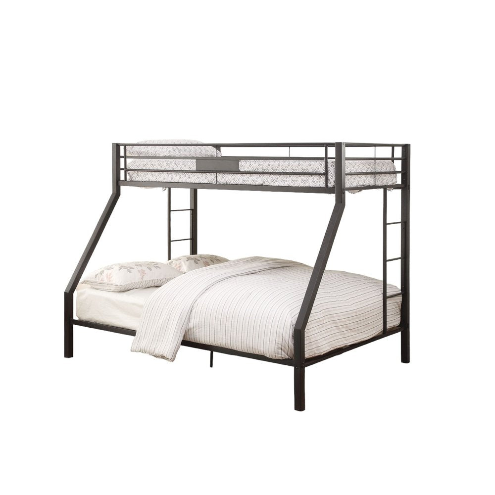 Black metal twin over queen bunk bed with mattresses and bedding on a white background.