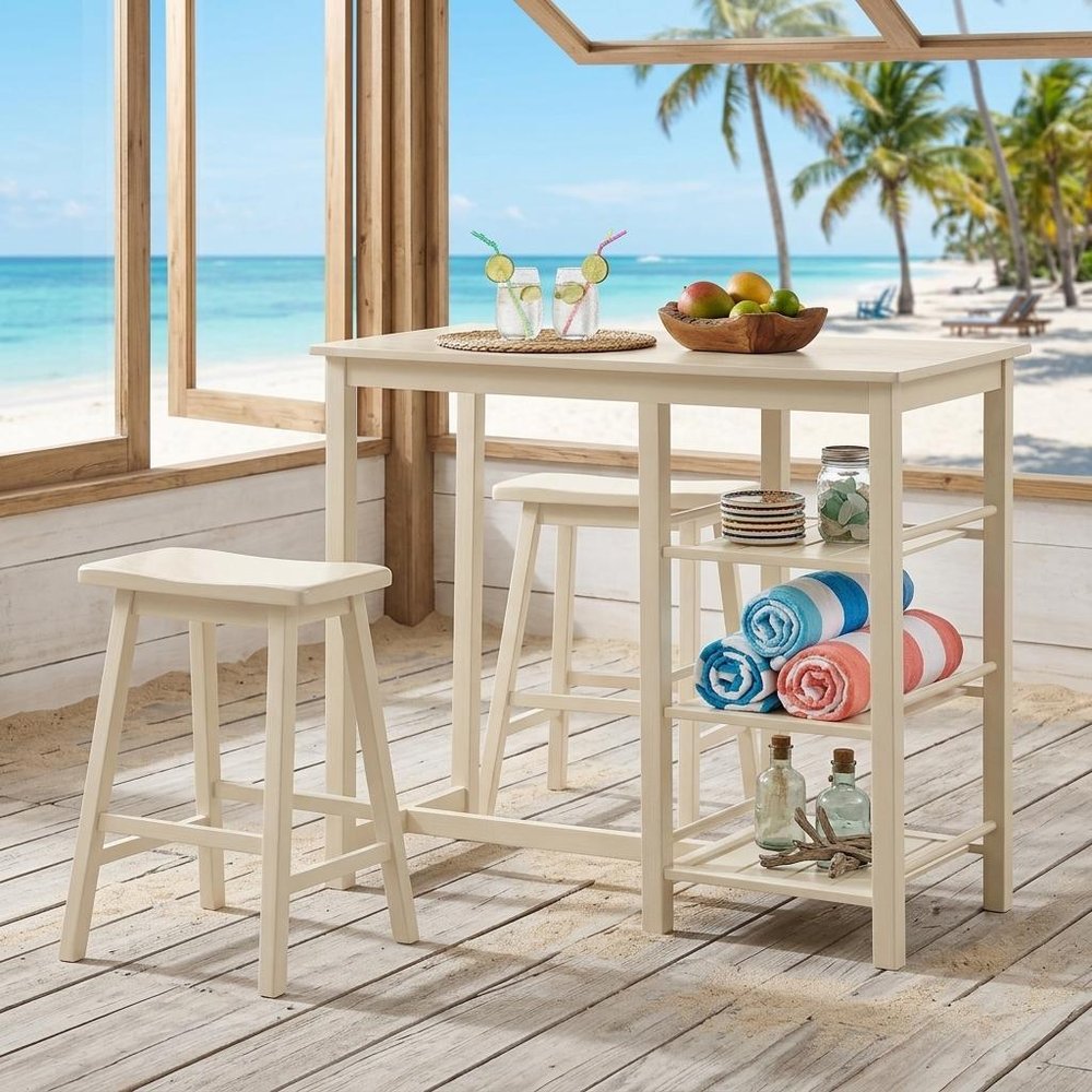 Three Piece Cream Solid Wood Counter Height Bar Table Set