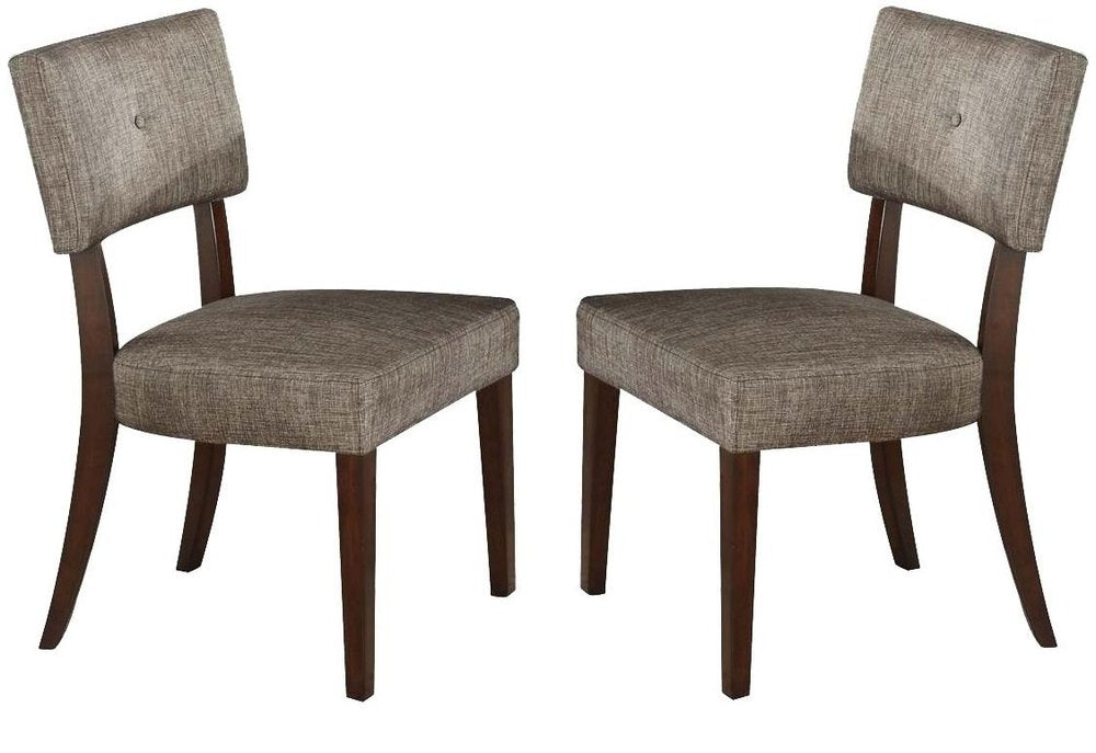 Set of Two Tufted Gray And Brown Upholstered Fabric Open Back Dining Side Chairs on a white background