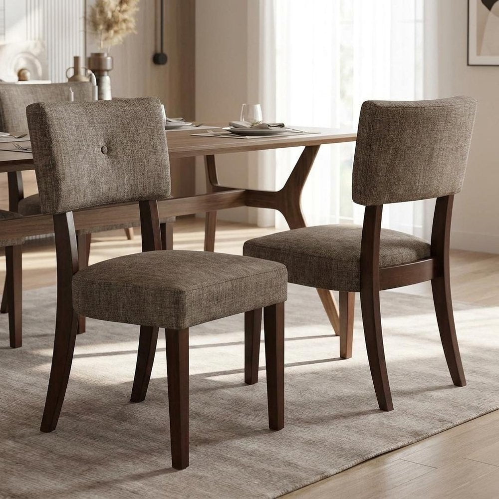Set of Two Tufted Gray And Brown Upholstered Fabric Open Back Dining Side Chairs