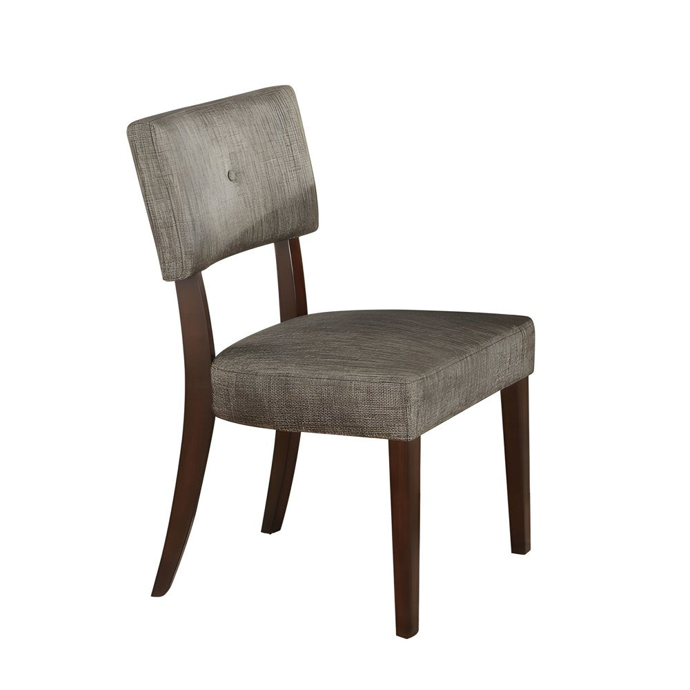 Set of Two Tufted Gray And Brown Upholstered Fabric Open Back Dining Side Chairs on a white background