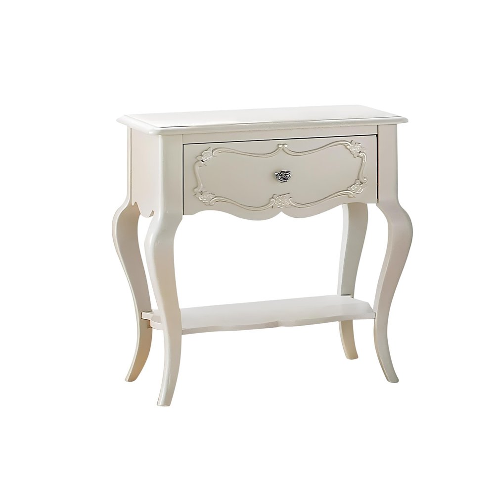 26" Solid Wood And Mirrored Glass Nightstand. Nightstands & bedside table isolated on a plain white background, in a light gray wood finish.