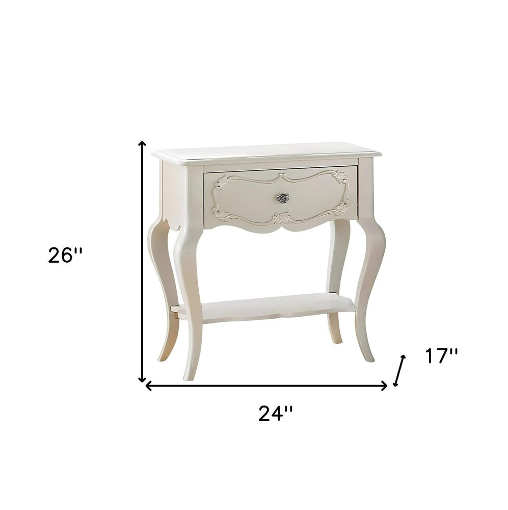 26" Solid Wood And Mirrored Glass Nightstand. Nightstands & bedside table isolated on a plain white background, finished in light gray wood.